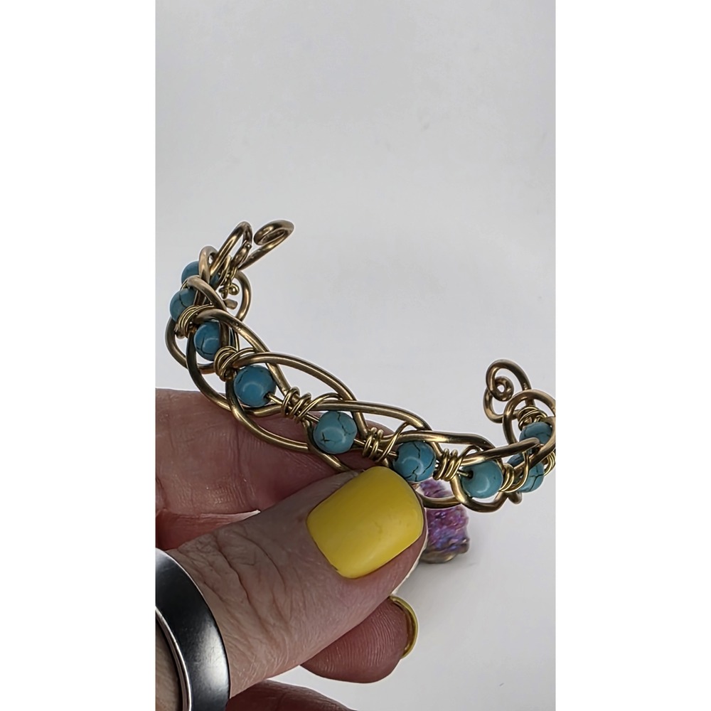Gold Tone Wire-Wrapped Cuff with Turquoise Howlite Beads